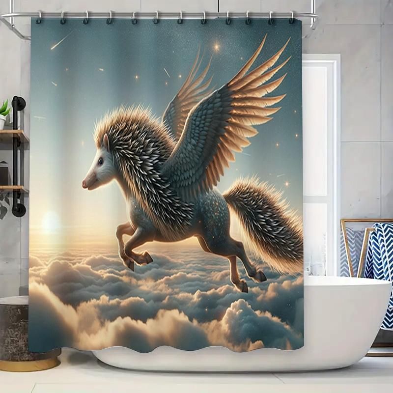 

Фэнтези Пегас Занавеска для ванны и душа Водонепроницаемая с принтом для декора ванной комнаты Летающая лошадь Художественный дизайн в синем цвете с принтом облаков 90x180cm