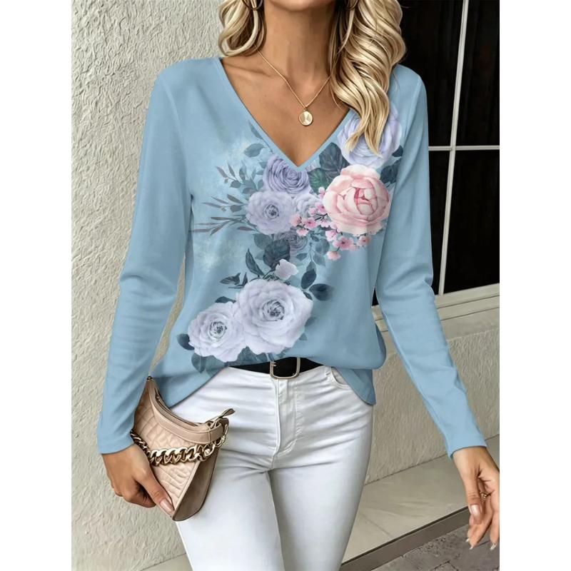 Sommer Damen 3D-Druck V-Ausschnitt Langarm T-Shirt Mode Vielseitig Atmungsaktiv Trend Lässig