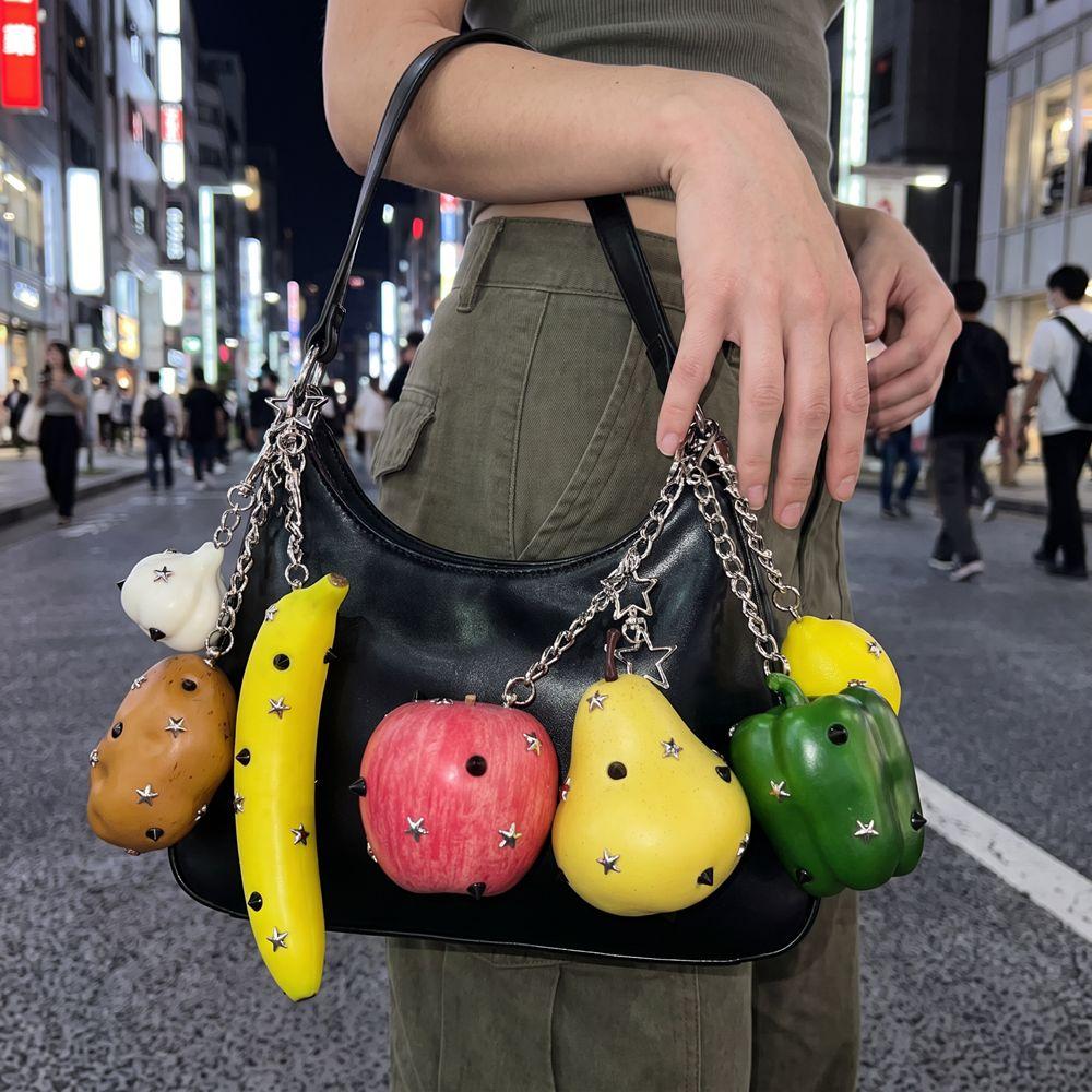 Lolita Simulation Fruit Keychain Y2K Pu Fruits Bag Pendant Star Rivet Bag Charm Key Ring