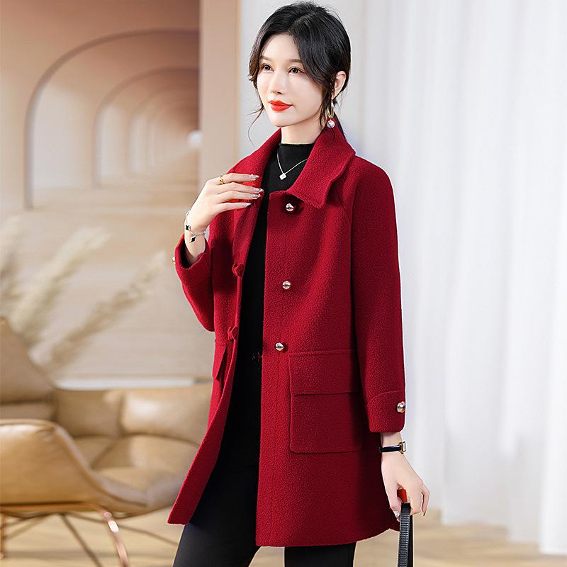 

Осенне-зимнее искусственное шерстяное вязаное пальто для женщин, средней длины, свободное и стильное утягивающее пальто с откидным воротником для молодой мамы