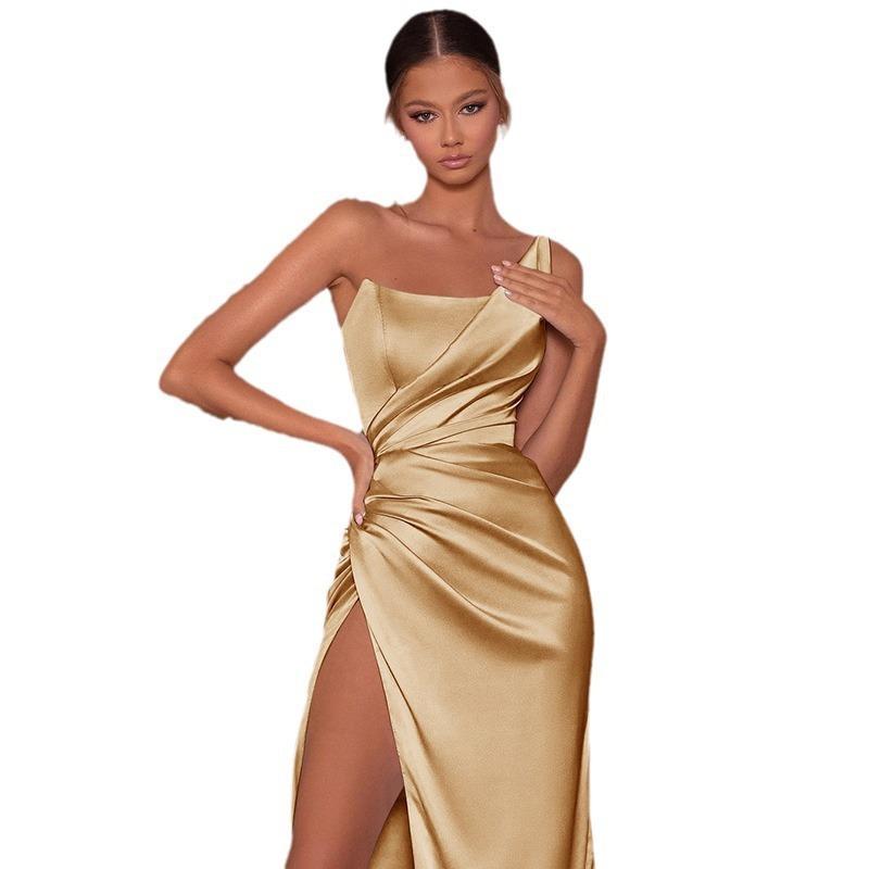 Summer European and American sexy dress temperament single shoulder fishbone side split dress satin women's dress wholesale