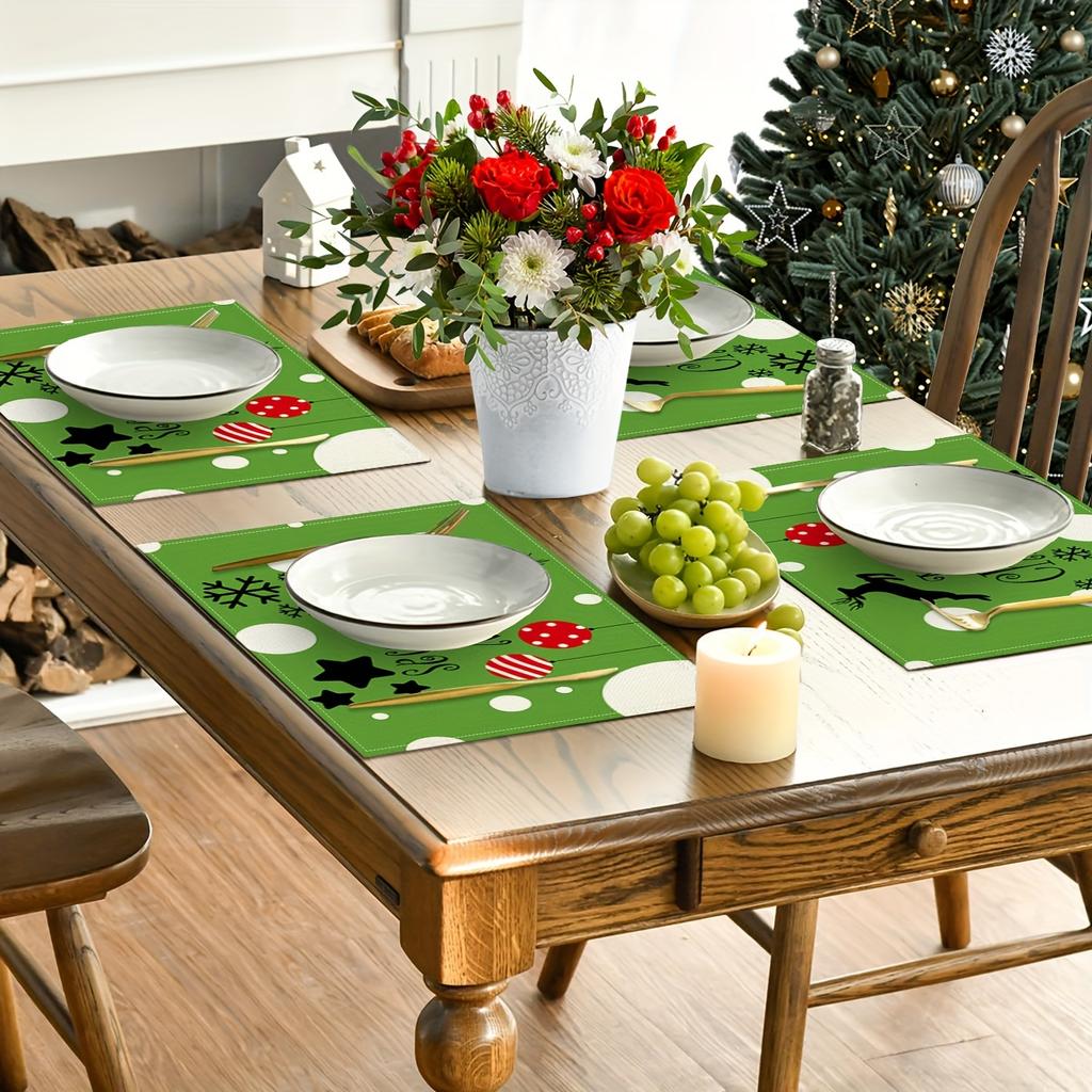 4-Pack Christmas Placemats with Deer, Pine Cone, and Snowflake Design, 12x18 Inch Square Polyester Table Mats, Machine Washabl