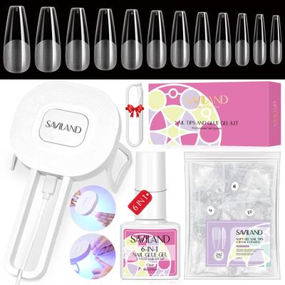 Saviland Nagel Tip Kit 240 stuks Nagel Tips Nagellijm Kabel Handheld Nagellamp Nagellijm Gel Kit Nail Art 01 Ultra-Dun 6-in-1 Type-C