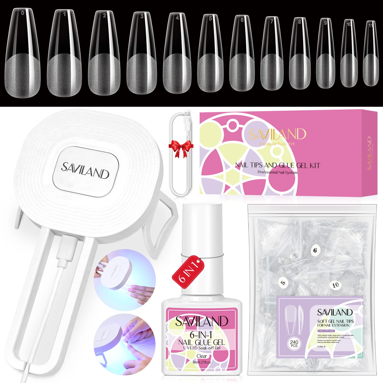 Saviland Nail Tip Kit 240pcs Nail Tips Nail Glue Cable Handheld Nail Light Nail Glue Gel Kit Nail Art 01 Ultra-Thin 6-in-1 Type-C