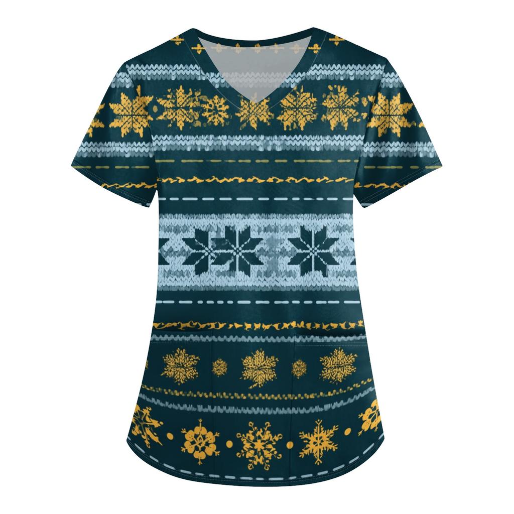 Women's Christmas Print V-Neck Short Sleeve Uniform with Pockets Loose Fit