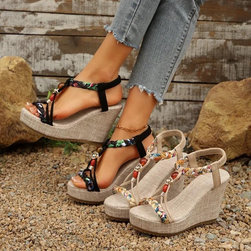 New European and American Style Fashionable Round Toe Open Toe One-line Set with Women's Large-size Fashionable Wedge Sandals