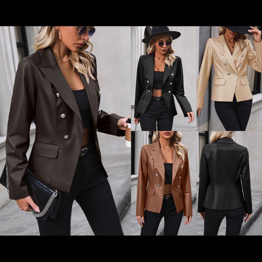 Women's Turn Down Collar Long Sleeve Blazer Slim Fit Elegant Double Breasted PU Leather Jacket