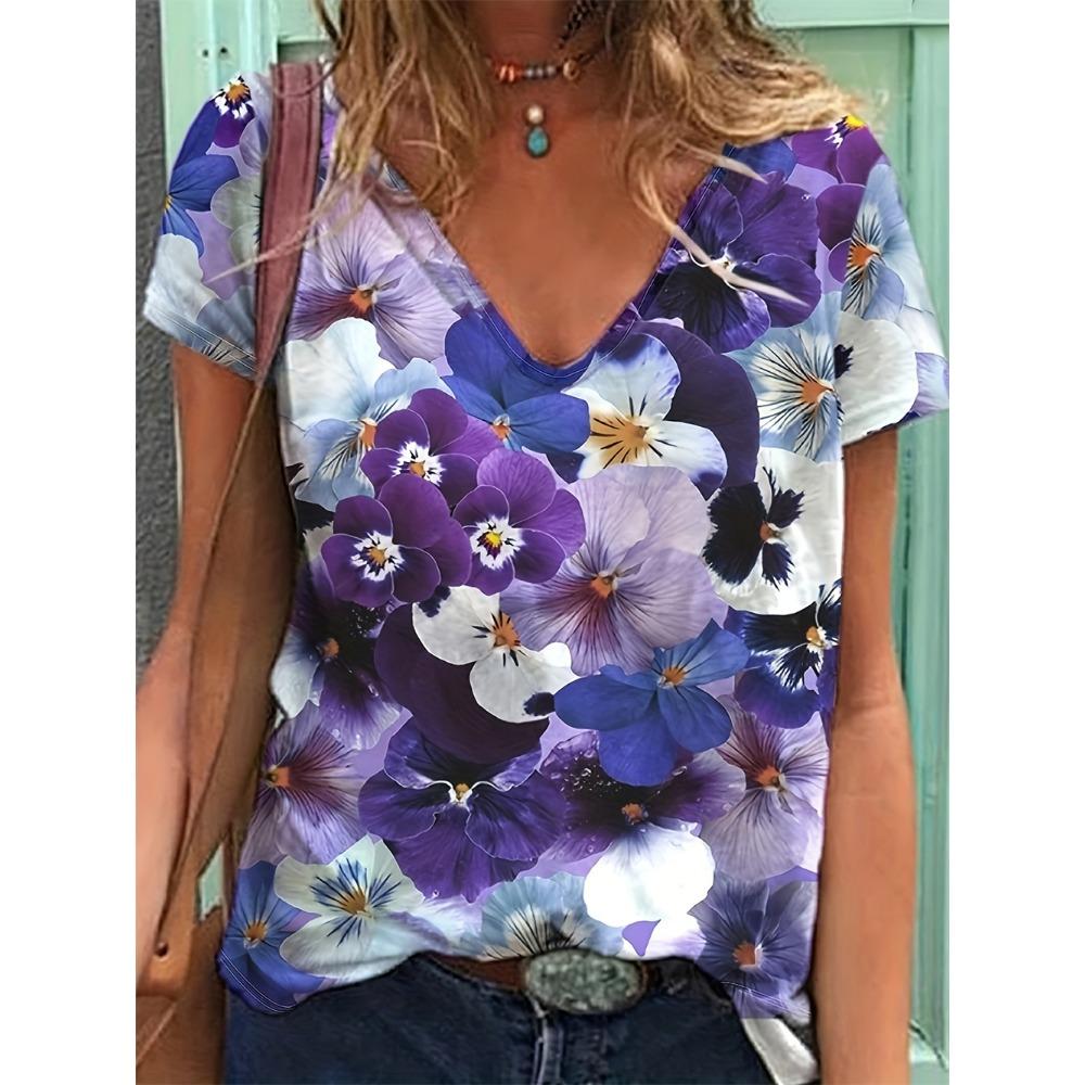 Summer large women's T-shirt fashionable blue flower print casual elegant V-neck T-shirt daily comfortable women's T-shirt