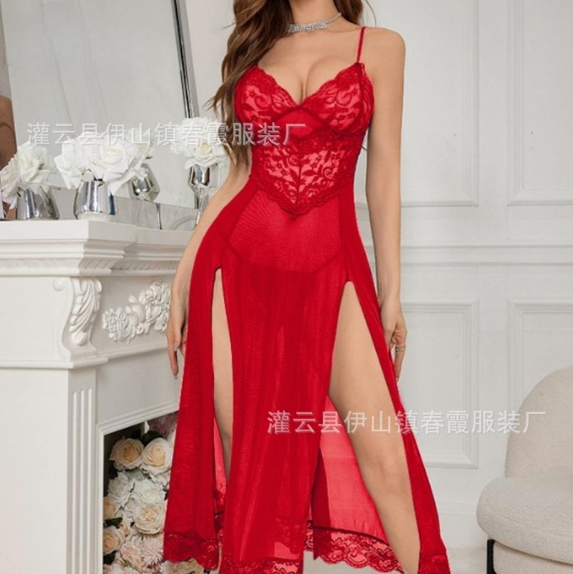 2026 nuovo sexy negligé europeo e americano vestito lungo prospettico spaccato donna