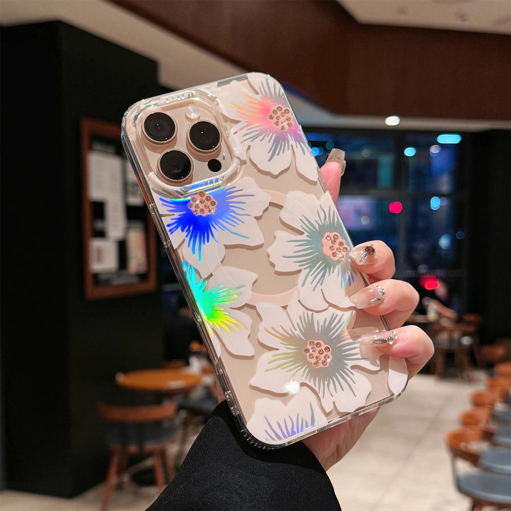 For iPhone 16 Pro Case Compatible with MagSafe Laser Flower PC+TPU Clear Phone Cover