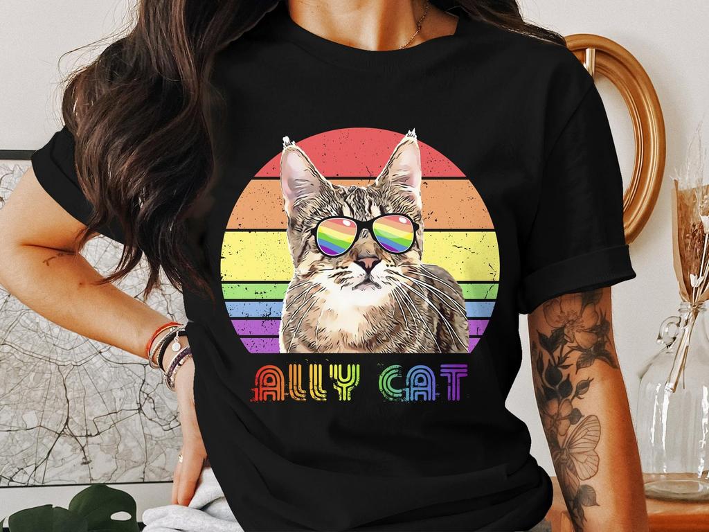 Kleurrijk Regenboog Ally Kat T-shirt, Retro Stijl Kattenliefhebber Tee, Pride Kitty Grafisch Shirt, Unisex Mode Top, Cadeau voor Kattenbezitters