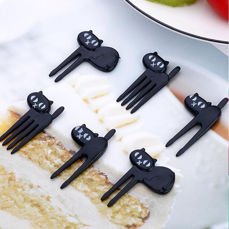 6/12/24pcs Creative Cat Fruit Forks Black Dessert Toothpicks Animal Style Sticks For Picnic Home Party Decor Halloween Tableware 6PCS