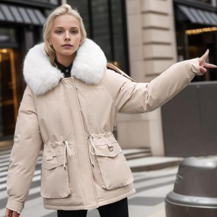 Winter Women Coat Cotton Jacket Furry Hood Thickened Plush Mid Length Long Sleeves Elastic Waist Zipper Closure Pockets