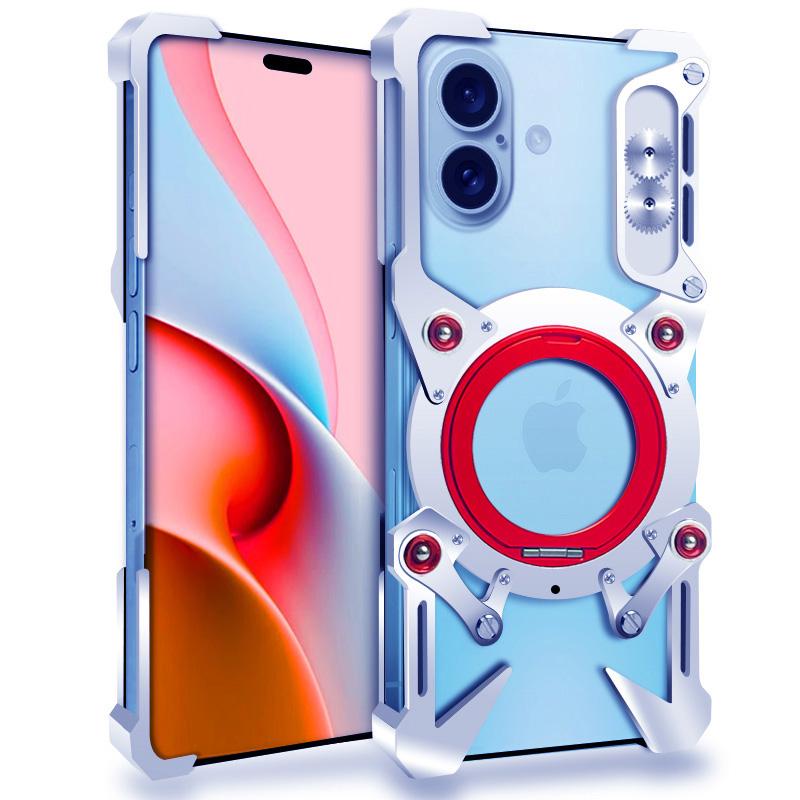 

Bumper Case For iPhone 16/15/14 Pro,Kickstand Aluminum Alloy Magnetic Phone Cover with Wrist Strap Silver