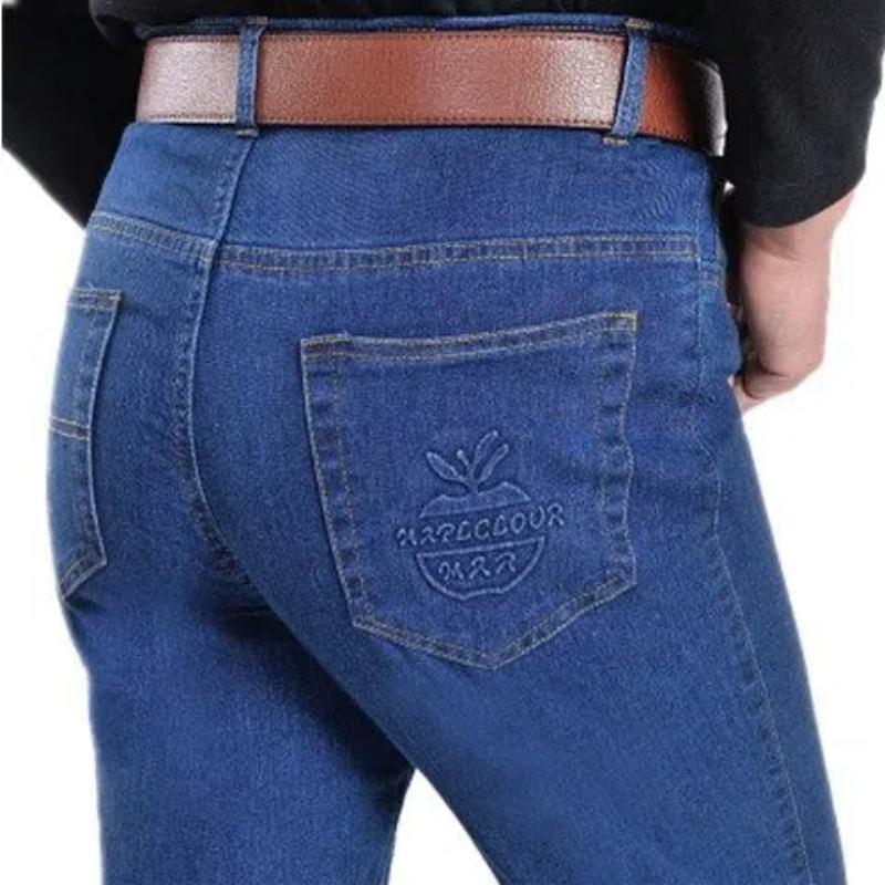 Winter Fashion Washed Distressed Jeans Men's Clothing Plus Fleece Thicken Loose Straight High Waist Baggy Elastic Casual Pants