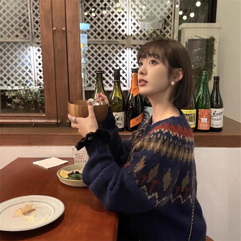 Navy Blue Fair Isle Knit Mohair Sweater for Women - Autumn/Winter Korean Style Christmas Atmosphere Loose Fit