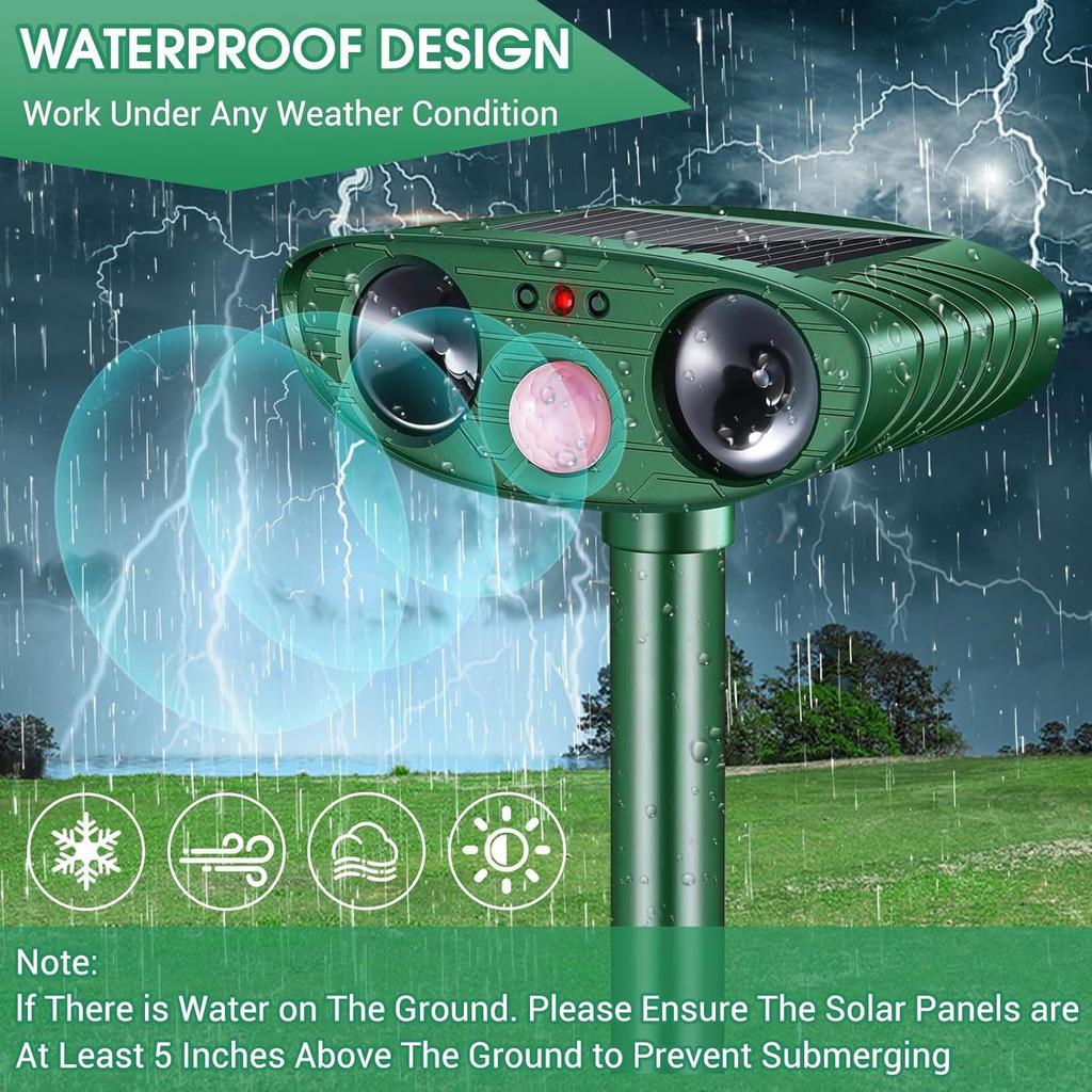 Solar Ultrasonic Animal Repeller with Infrared, Strobe Light & Waterproof Design for Rodents, Cats, and Dogs