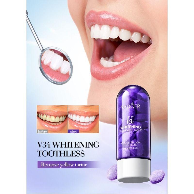 0.9g* 30Whitening Teeth Tablets, Clean Teeth, Toothpaste Removes Stains, Freshens, Fights Allergies, and Solidifies Teeth.