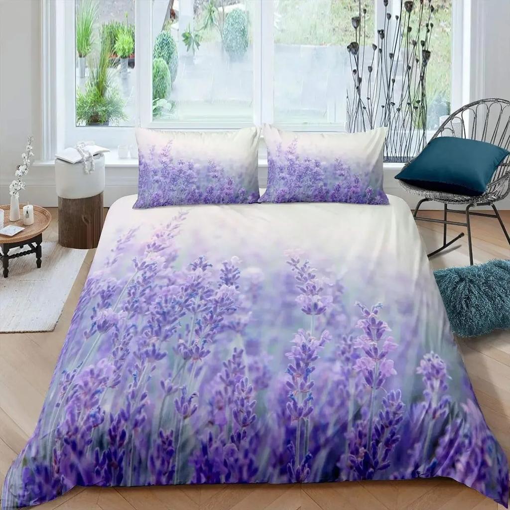 Lavendel Bettbezug-Set, Pastell Kornblumen Braut Klassisches Design Zarter Blumendruck Hochzeitsdeko Bettwäsche-Set, Violett Weiß Rosa