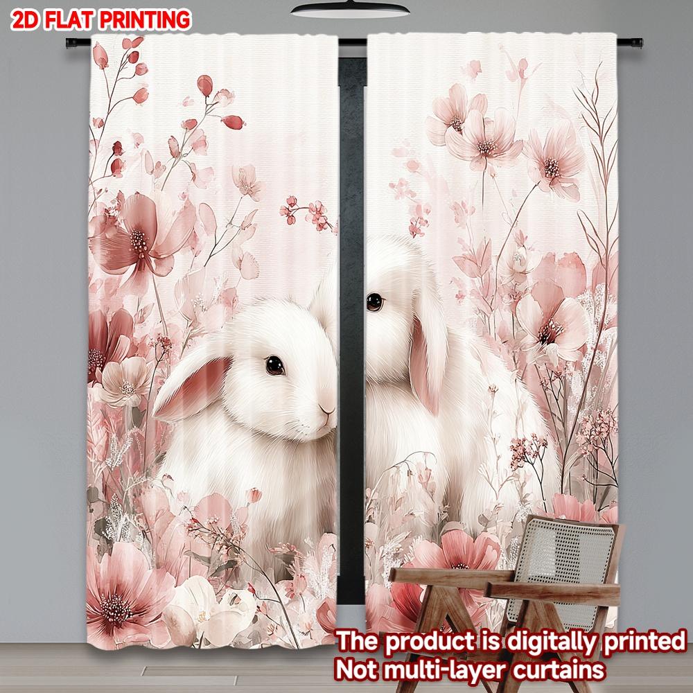 Set Of 2 Bunny Flowers Curtains Digital Print Cute White Rabbit Pink Blossoms Design Cozy Bedroom Living Room Decor Curtain Polyester Perfect For