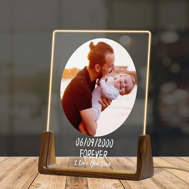 Custom Father's Day Gift for Dad, Photo Acrylic Plaque Personalized Night Light, Walnut Photo Frame with Night Light, Unique Romantic Birthday