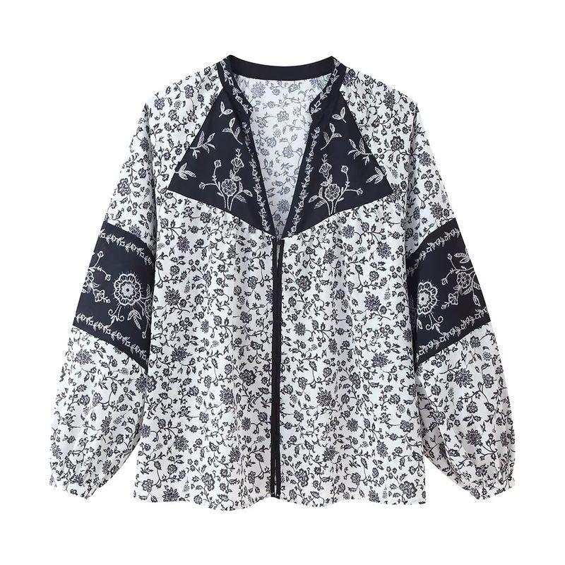 Zbzr Autumn New Women Clothes Western Style Fashion Design Flower Print Embroidered Beaded Shirts 1821222