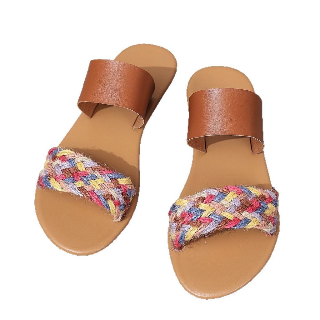 Women's shoes 25 new one-word woven slippers comfortable and versatile color matching flat slippers women