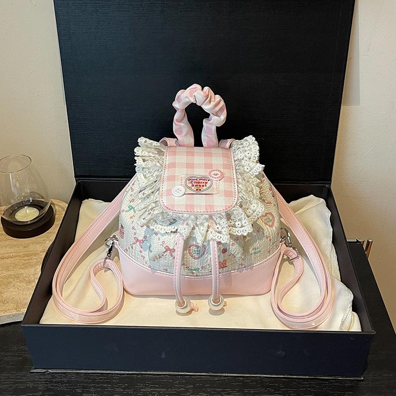 Sweet ballet style lace mini backpack new girly heart contrast plaid cute print small backpack