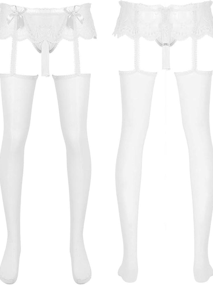 Sissy Lingerie Men'S Lace Sheer Skirted Pantyhose Bulge Pouch G-String With Garters Stockings Leggings Crossdressers Nightwear