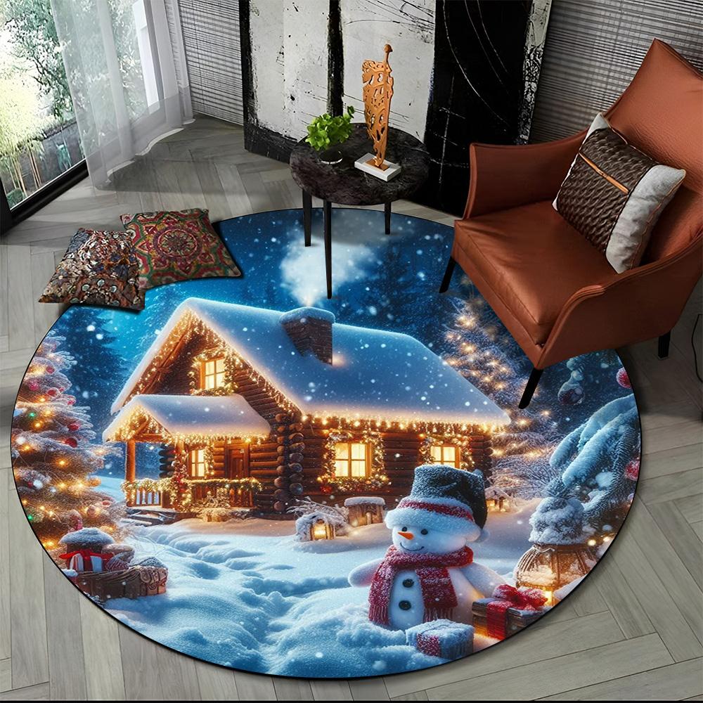 Cartoon Weihnachtsmann Frohe Weihnachten Schneemann Neujahr Runder Teppich für Schlafzimmer Wohnzimmer Sofadekoration, Dekor Bodenteppich