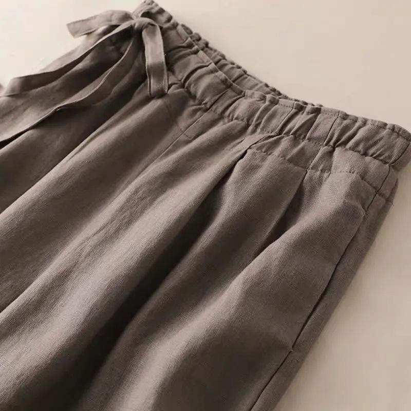 Women's High-Waist Cotton-Linen Wide-Leg Pants - Summer Casual Retro Style with Side Tie