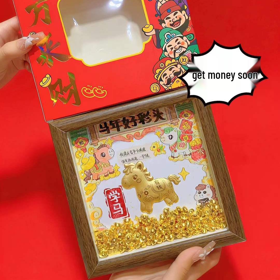999 Pure Gold Horse & Lion Photo Frame Ornament - Peace, Joy, Wealth Tabletop Display Gift