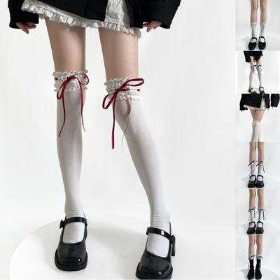Japanese Sweet Ruffle Lace Top Thigh High Socks with Ribbon Bowknot Elegant Cotton Over Knee Long Stockings for Women