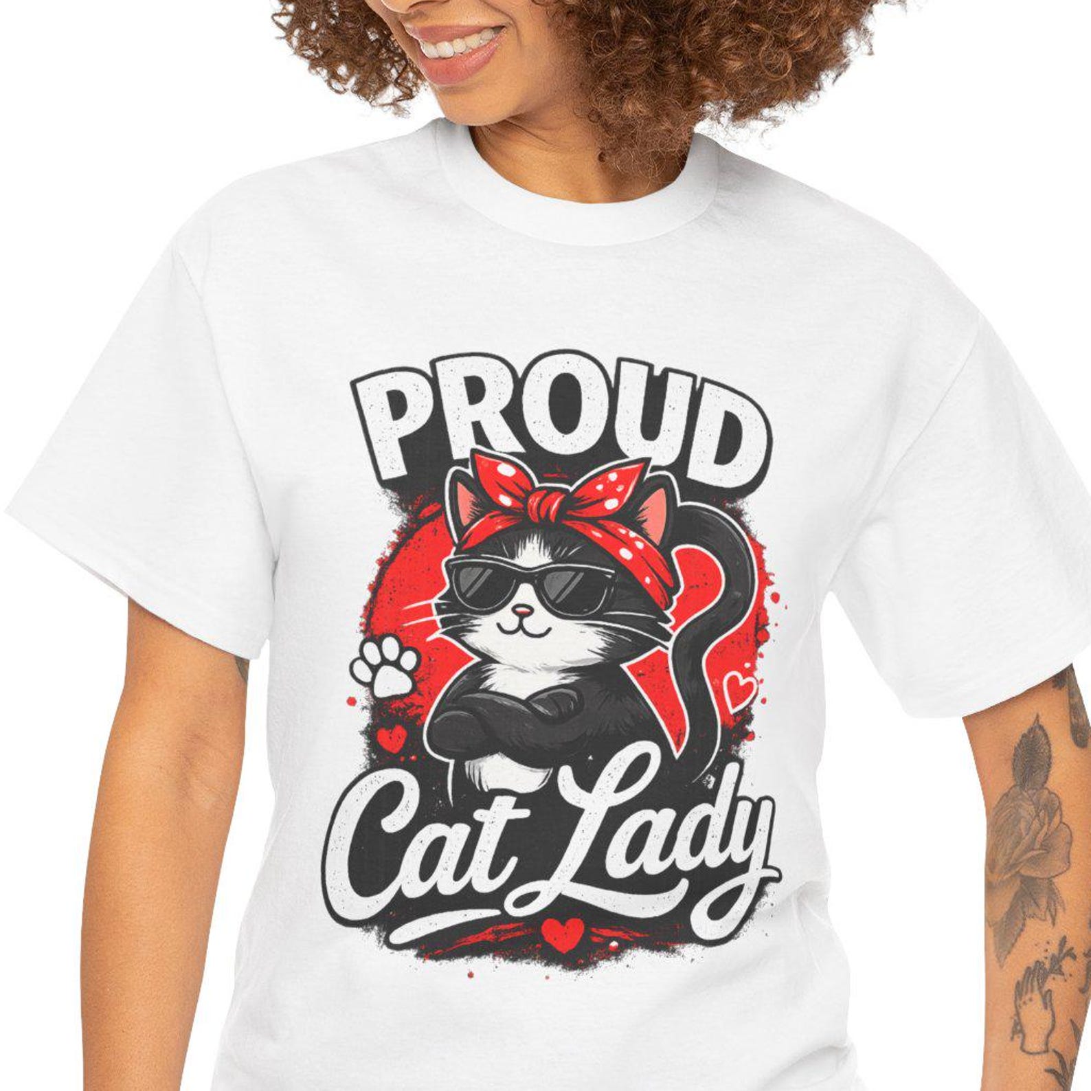 Proud Cat Lady T-Shirt | Retro Cat Portrait, Red Bandana S