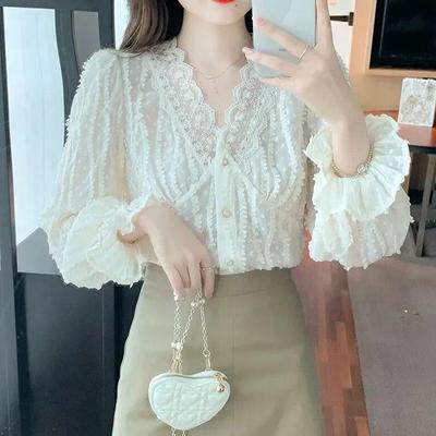 Fashion Vintage V-neck Lace Shirt Women Elegant Apricot Slim Flare Sleeve Blouse Woman Embroidery Autumn Casual Ladies Tops 29523