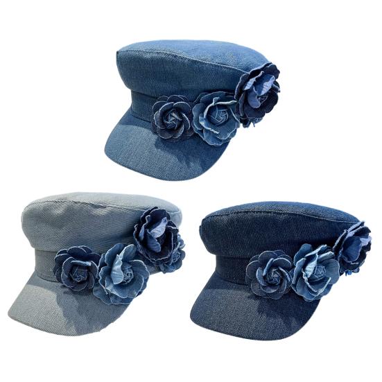 Pălărie de pictor cu bor larg Protecție solară Vizor respirabil Pălărie pentru modelarea feței Decorațiune cu flori 3D Pălărie tip șapcă Newsboy din denim spălat