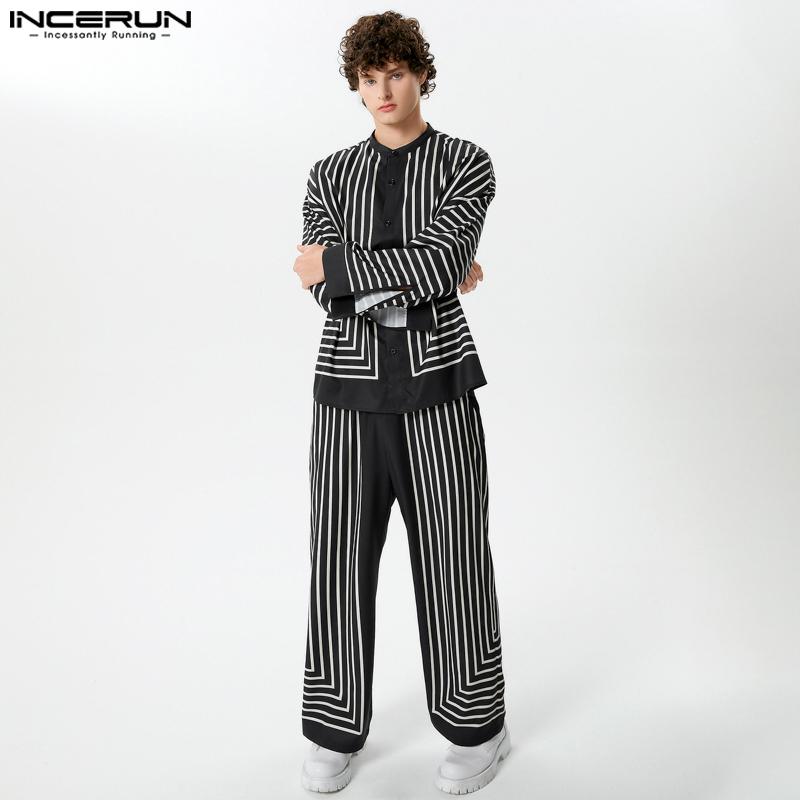 INCERUN Two Piece Suit Men Long Sleeve Casual Baggy Striped Tops And Long Pants Homewear