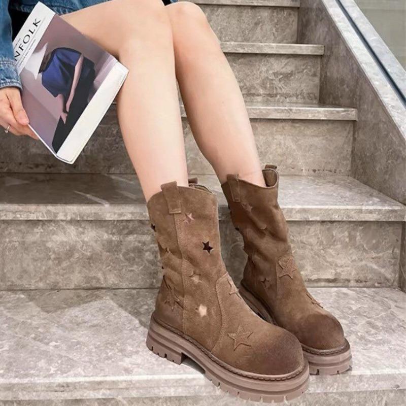 

Mid calf Summer Modern Boots Square Heel Mid Heel Shoes Female High Quality Slip on Round Toe Solid Punk Women s Boots Q129 38