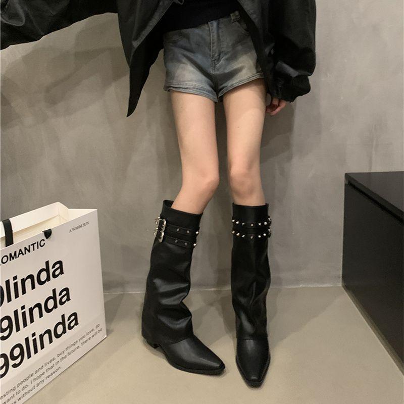 Retro Western Cowboy High Tube Boots Women's Pointed Toe Knight Long Boots Fashionable Streetwear Autumn Winter Long Botas Shoes