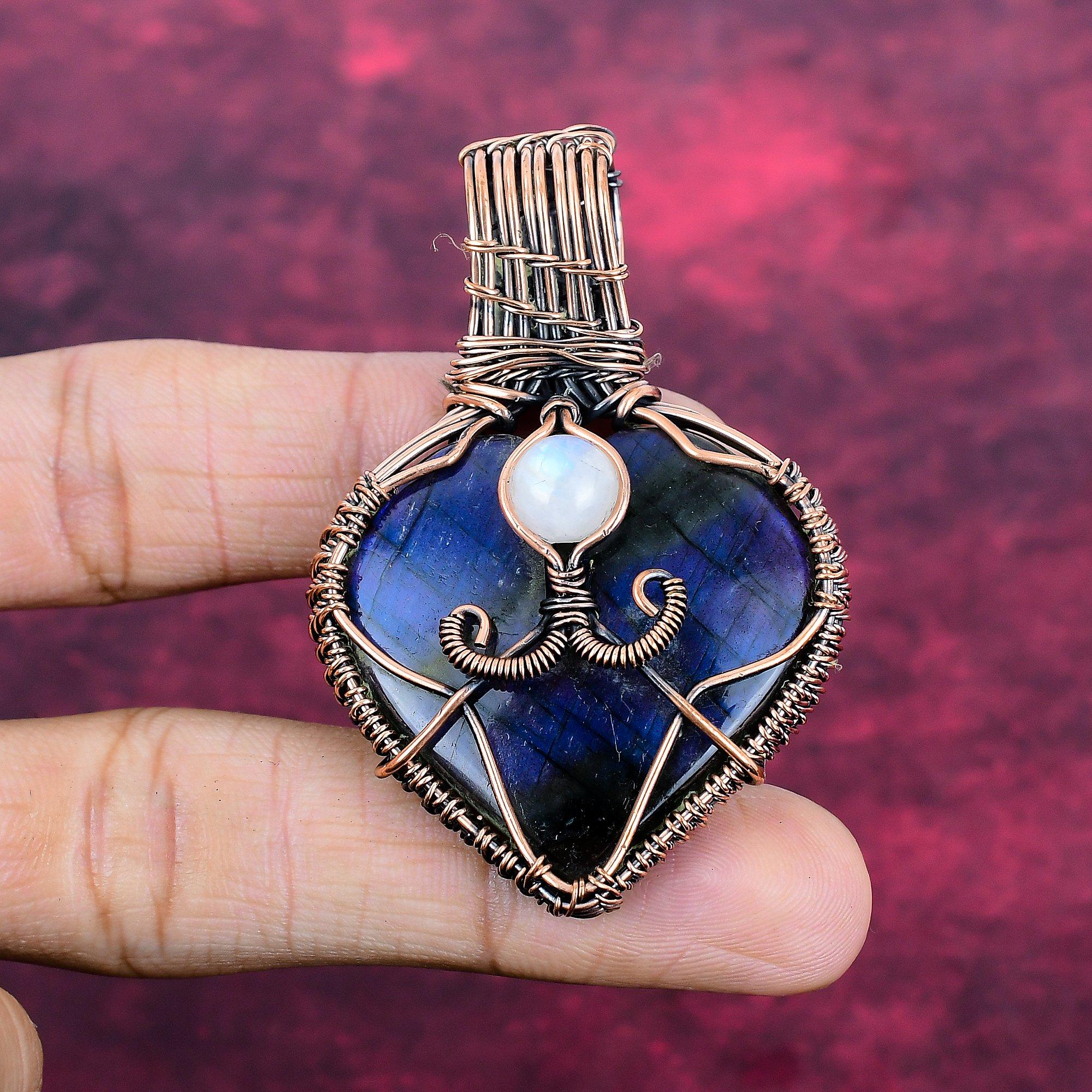 Labradorite Gemstone Pendant Copper Wire Wrapped Rainbow Moonstone Pendant