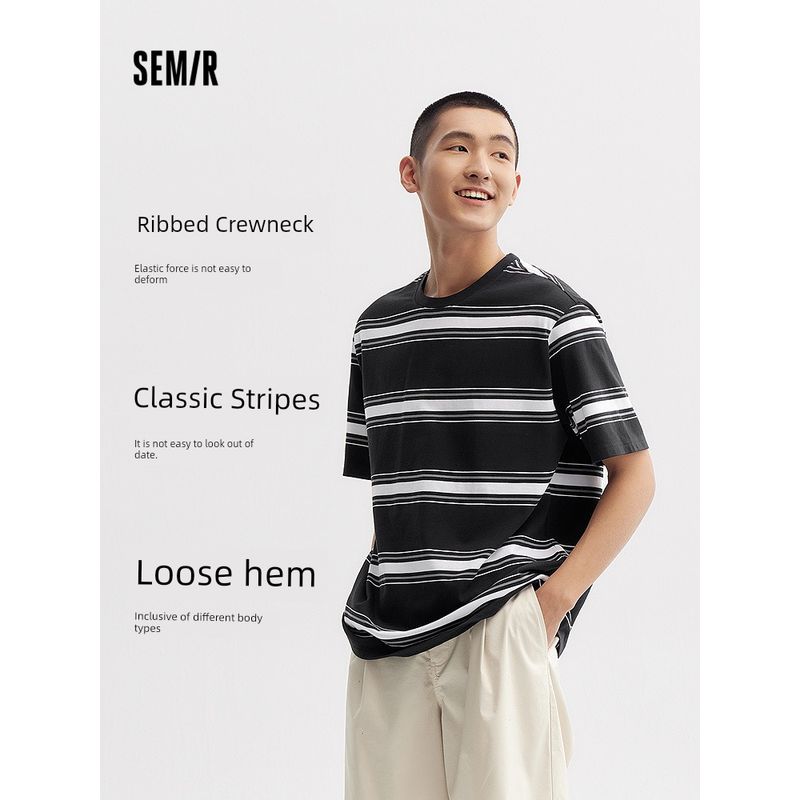 

Мужская футболка с коротким рукавом Senma из чистого хлопка с контрастными полосками, свободный трикотаж с круглым вырезом, простая летняя одежда на каждый день White-green 00314 165/84A/S