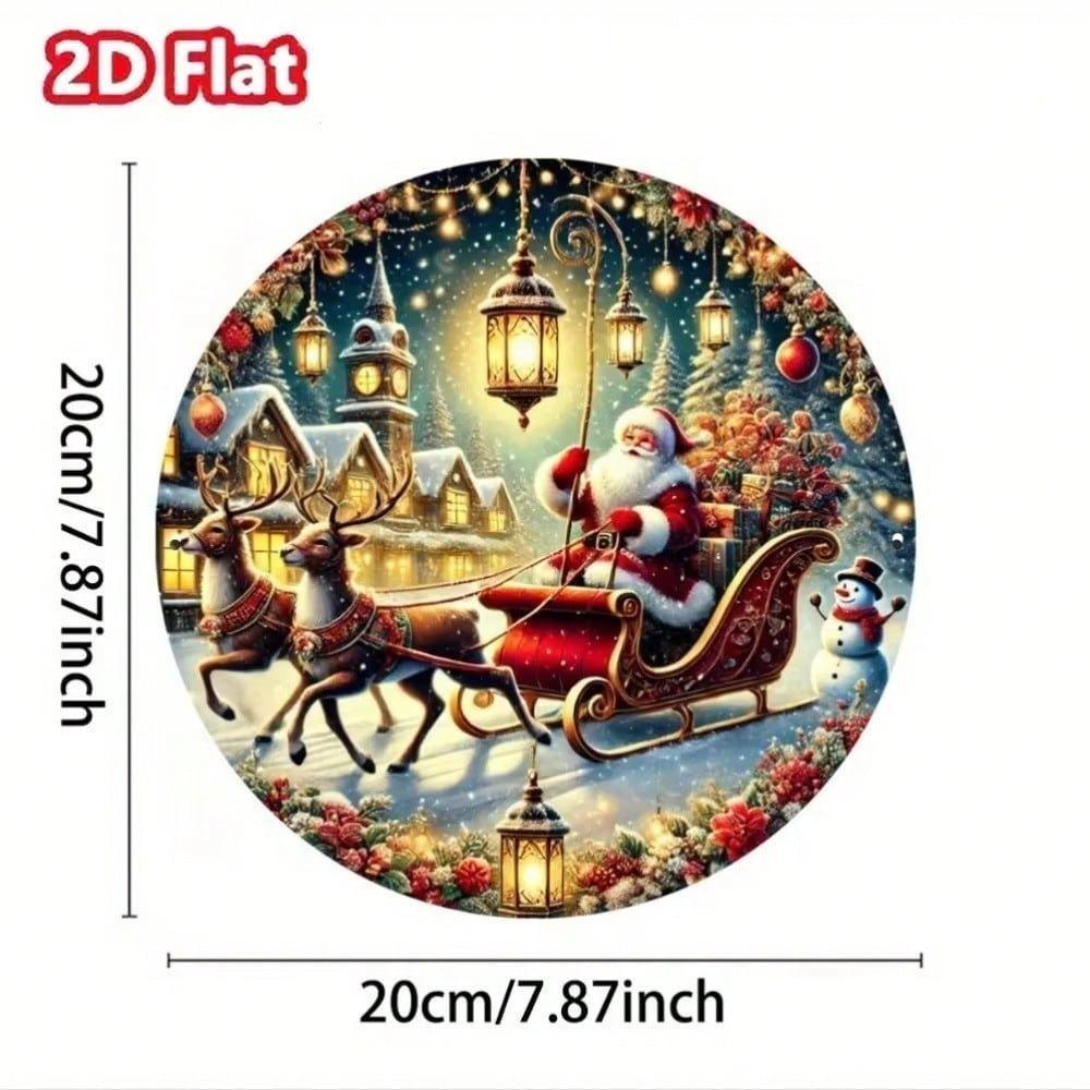 Vintage Christmas Metal Wall Sign Round Santa Reindeer Holiday Home Decor Art