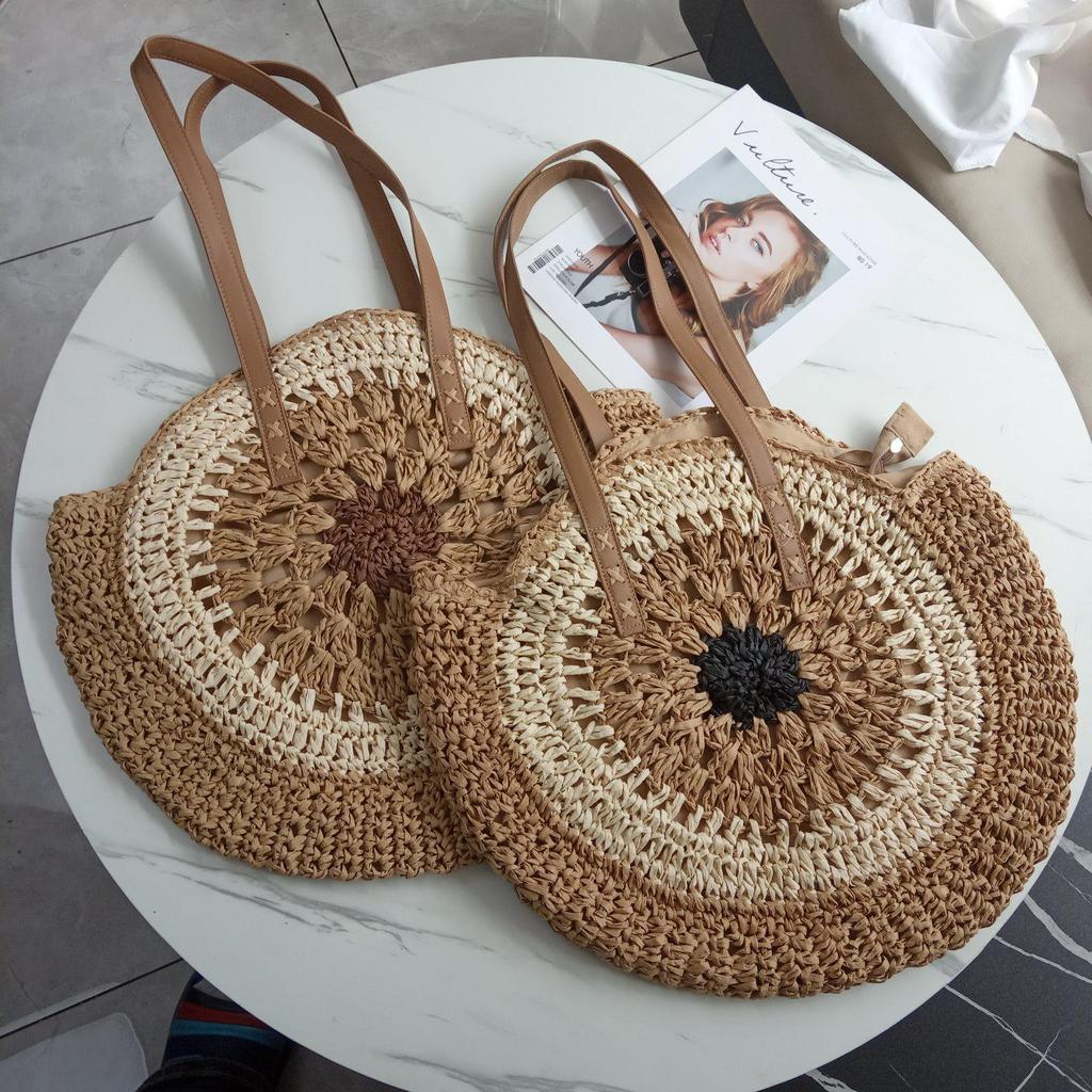 Women's Round Crochet Straw Tote with Leather Belt Accent for Casual Travel and Vacation