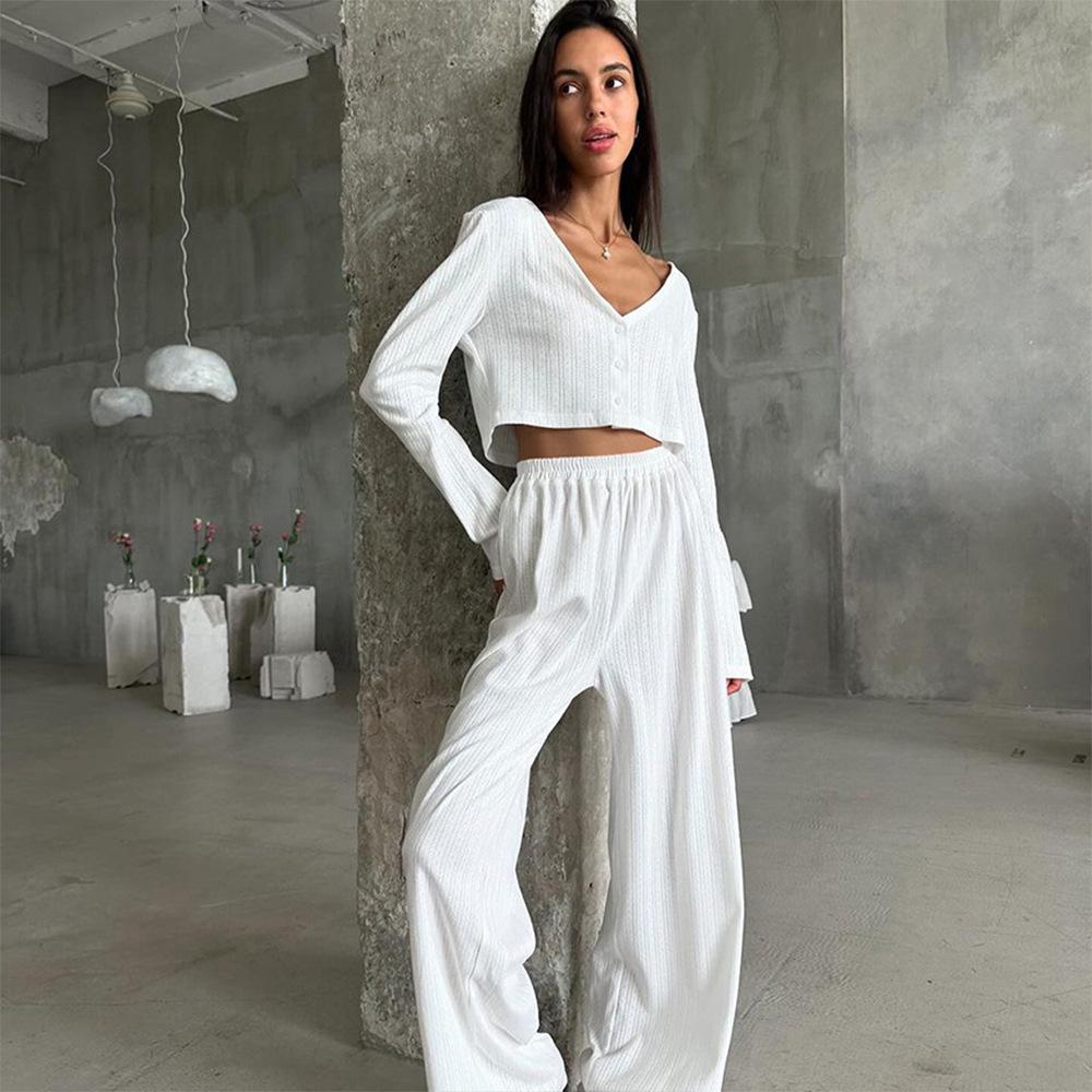 European & American 2025 Autumn Jacquard Knit Cardigan Pajama Set - Soft Hollow Cross-Stitch Homewear for Women