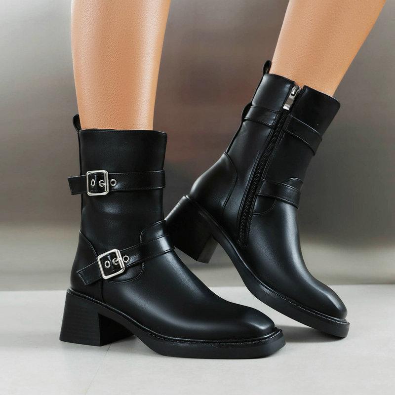 

New Fashion Coarse Heel High Heel Square Head Belt Buckle Short Boots