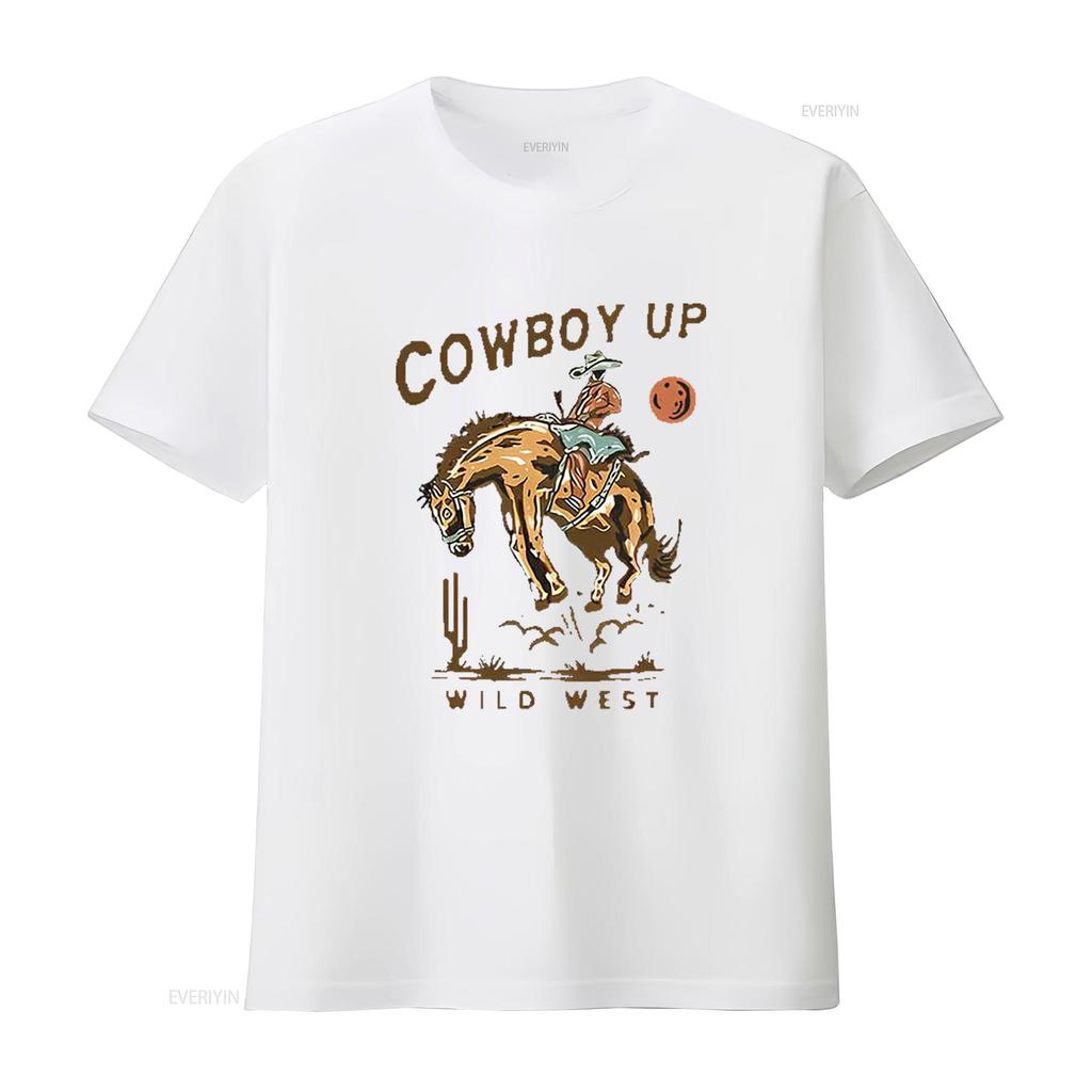 COWBOY UP WILD WEST American Retro Round Neck Womens T Shirt Black X Large vintage Washed Stretched Top For Everyday Wear