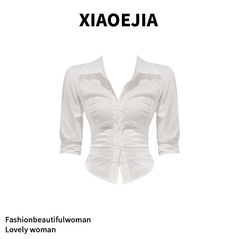 

Xiaoejia White Lapel Ruched Long Sleeves Blouse Women Dignified Sense of Design Single Breasted Silm Waist-Controlled Top Snow Mountain White S