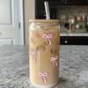 1/2pcs Pink Bow Glass Cup with Bamboo Wood Lid and Straw Reusable Bow Aesthetic Cup for Drinking Coffee Tea Milk Picnic Party