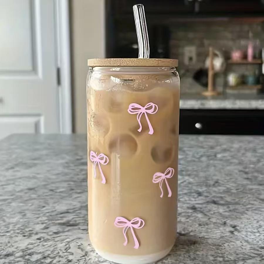 1/2pcs Pink Bow Glass Cup with Bamboo Wood Lid and Straw Reusable Bow Aesthetic Cup for Drinking Coffee Tea Milk Picnic Party