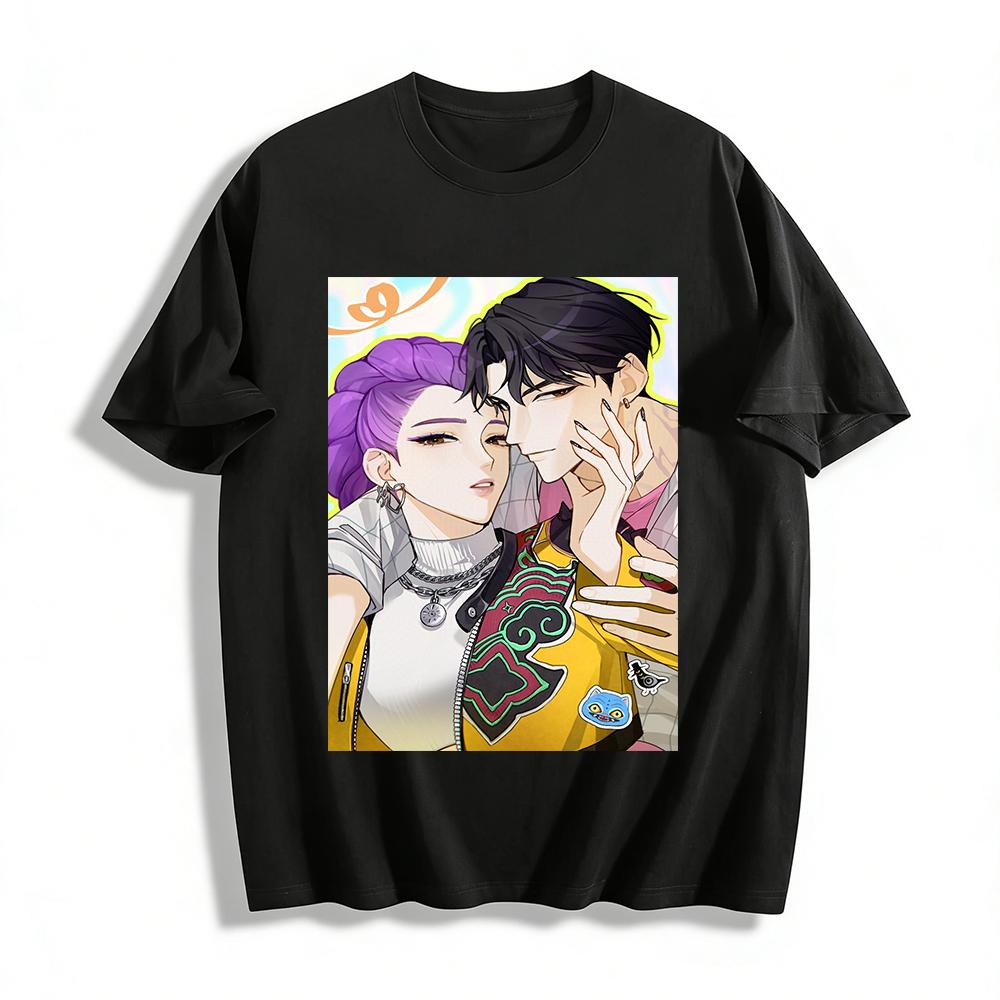 

Trendy Anime Couple Print Short Sleeve T-Shirts, Loose Breathable Streetwear Tops for Men and Women Pure cotton T-shirt XXS